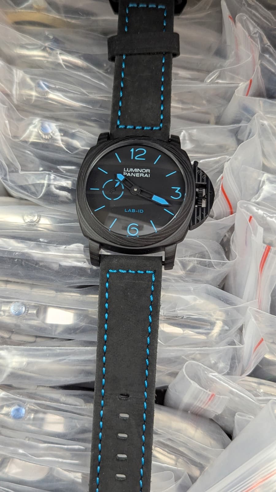 Panaria Luminor blue/black dial, blue stitched strap